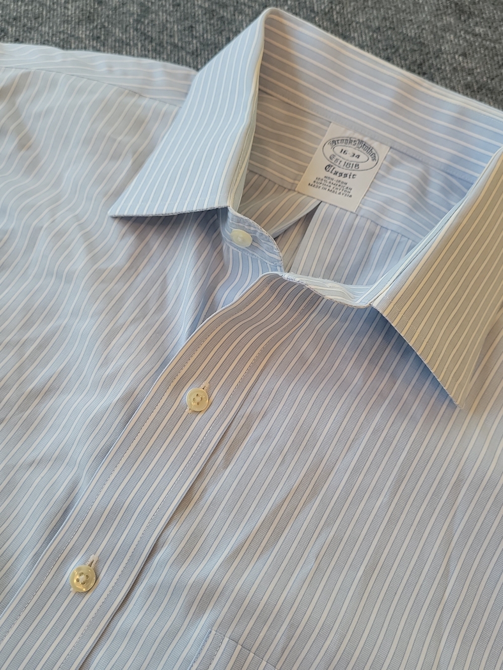 Brooks Brothers Dress Shirt Men's 16 34 Blue White Striped Non Iron Supima